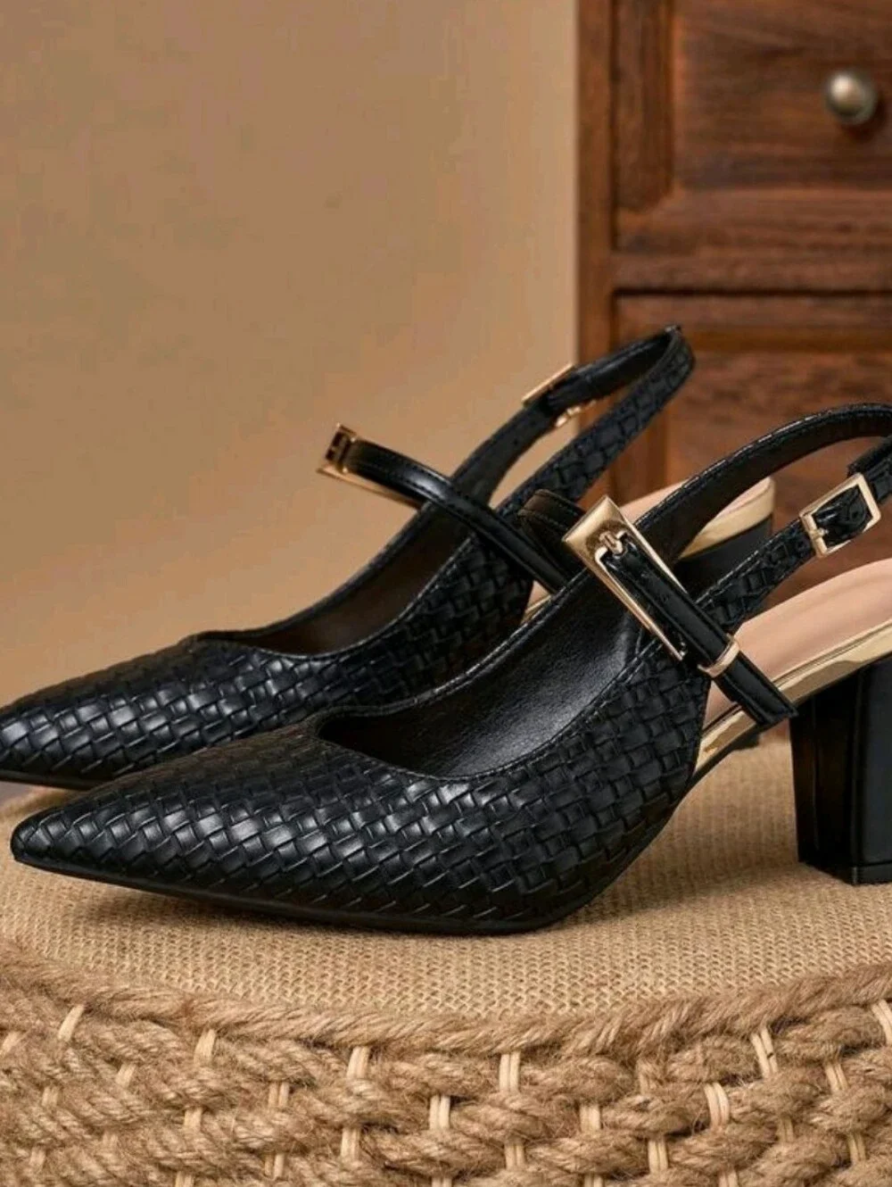 Black Woven Texture Chunky Heel Pointed Toe High Heels, Women's Shoes With